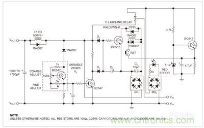 這個保護電路的核心是雙穩鎖存繼電器，防止負載因過壓和錯誤極性而遭損壞
