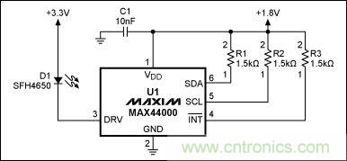 圖1：MAX44000典型電路，包括LED