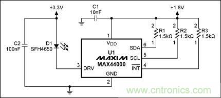 圖2：MAX44000典型電路，帶有發射器旁路