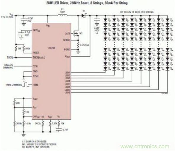 采用 LT3760、效率為 90% 的 28W LED 背光照明電路