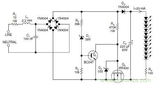 圖2：斬波工作類似圖1中的電路，但以較大的LED串聯電阻代替了恒流源，提供限流功能