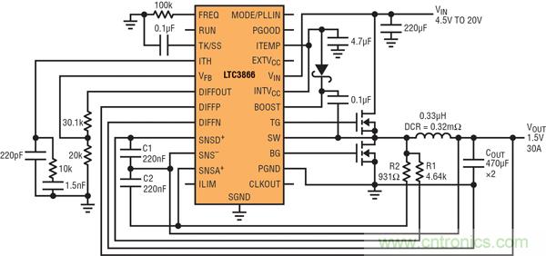 圖2：以非常低的DCR完成采樣的高效率、1.5V/30A降壓型轉換器