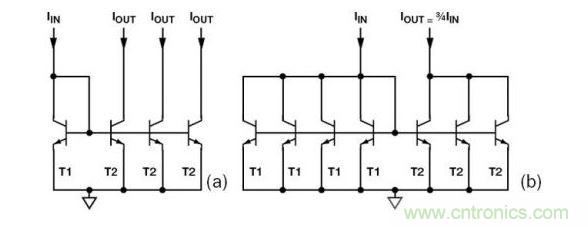 （a） 多級電流鏡 （b） 非整數比例電流鏡可將3個T2集電極結合起來，得到3IIN