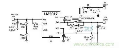 基于 LM5017 的 Fly-Buck 轉換器電路，沒有基于光耦合器的穩壓電路