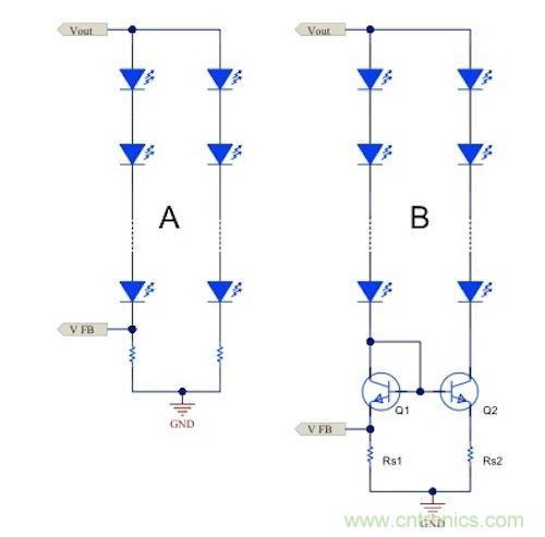 電流鏡 (B) 可針對簡單電阻器電流調節 (A) 提供各種優勢。