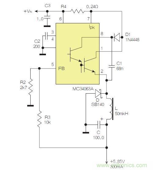 采用降壓配置中廣為使用的MC33063/MC34063的一個示例。