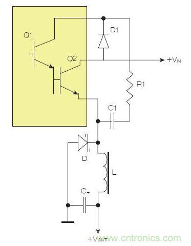 為了實現用兩個元器件提升電源轉換效率，芯片上應有針對驅動器晶體管Q1集電極的單獨引腳。