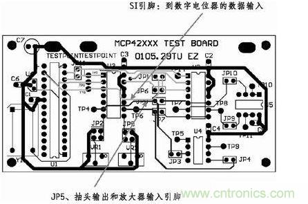 這是對圖2所示電路的第一次布線嘗試。此配置在模擬線路上產生不規律的噪聲，這是因為在特定數字走線上的數據輸入碼隨著數字電位器的編程需求而改變。