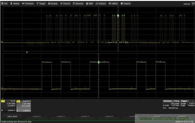 使用CustomDSO運行VB腳本“zoom_Track.lss”。當腳本運行時，縮放波形的中心將跟蹤水平的光標絕對位置。從圖中可以看出，光標將永遠位于縮放波形Z1的中心