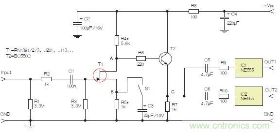 圖3：采用兩個工作在不同頻率下的555定時器電路，以獲取不同的音效。