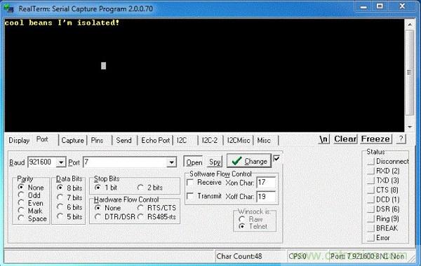  圖6：隔離型USB-to-UART轉換器的環回測試。