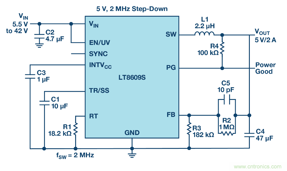 具 2.5 μA 靜態電流和超低 EMI 輻射的 42 V、2 A/3 A 峰值同步降壓型穩壓器