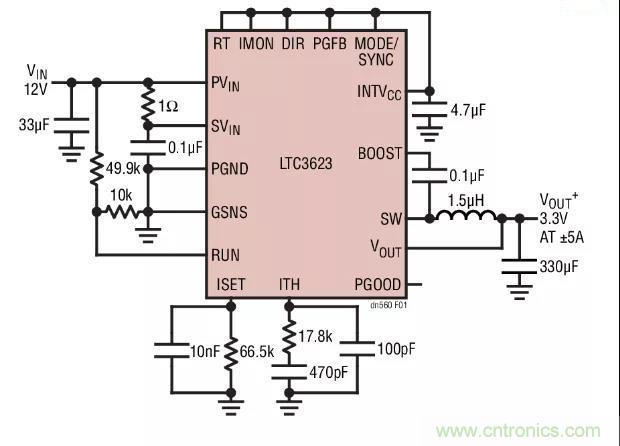 高效率、15V 軌至軌輸出同步降壓型穩壓器能提供或吸收 5A