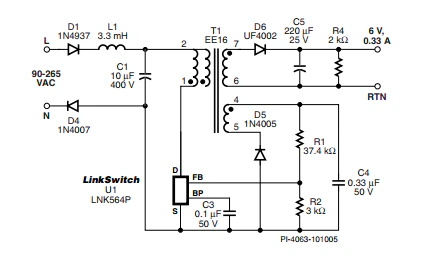 LinkSwitch-LP 系列旨在取代手機/無繩電話、PDA、數碼相機和便攜式音頻播放器等應用中輸出功率 < 2.5 W 的低效線頻線性變壓器電源。LinkSwitch-LP 還可用作白色家電等應用中的輔助電源。  LinkSwitch-LP 將高壓功率 MOSFET 開關與 ON/OFF 控制器集成在一個設備中。它完全由漏極引腳自供電，具有低 EMI 的抖動開關頻率，并且具有全面的故障保護。自動重啟可限制過載和輸出短路條件下的器件和電路耗散，而遲滯過溫保護會在熱故障期間禁用內部 MOSFET。EcoSmart 技術使設計能夠輕松實現 < 150 mW 的空載功耗，滿足能源效率要求。  LinkSwitch-LP 的設計目的是在輸出功率低于 2.5 W 時無需初級側鉗位電路，從而顯著減少組件數量和總系統成本。圖 1 顯示了基于 LinkSwitch-LP 的 2 W 電源，不帶初級側鉗位。LinkSwitch-LP 系列經過優化，當變壓器上的輔助或偏置繞組提供反饋時，可提供近似的 CV/CC 輸出特性。這非常適合取代工頻變壓器的應用，提供兼容的輸出特性，但過載、短路電流和輸入線電壓變化較小。  　  在無鉗位設計中使用 LinkSwitch-LP 的基本電路原理圖。  快速開始  　 LinkSwitch-LP 反激式設計流程圖