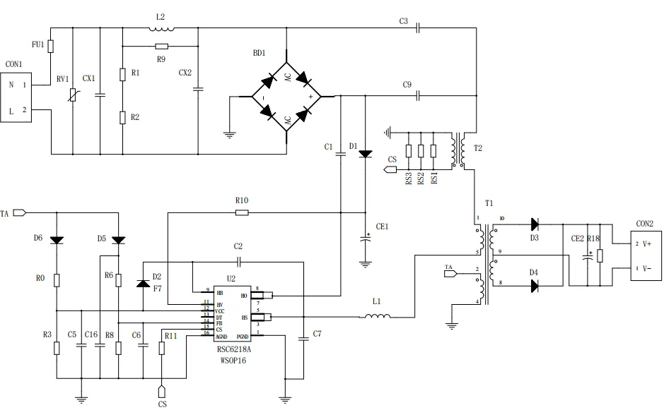 一、LED驅動模塊RSC6218A REASUNOS(瑞森半導體)通過持續投入研發，提升LLC應用技術，集成控制芯片與功率轉換，成功推出新一代產品RSC6218A WSOP-16，延續瑞森LLC拓撲方案，時機趨勢完全迎合我國雙碳政策，電氣特性契合新版國標GB/T 17625.1-2022和歐盟新版ERP認證EU2019/2020雙重法規，專為中小功率的產品提供優秀的方案；接下來會分幾個篇章持續介紹新方案產品的應用資料和設計實例分享：  RSC6218A功率模塊內部集成CS-CP-LLC電源半橋模塊和功率轉換模塊，延續瑞森主題設計方向單級實現高PF無頻閃技術和LLC諧振軟開關技術方案：該型號適用于5-18W功率段；具備高轉換效率(90%+)，高PF(>0.96)，低THD(<10%)，小型化(縮小PCB面積10-25%)，通過優化產品內部設計提升產品內部功率器件的開啟與關閉性能，避免干擾發生，最高工作頻率達200KHZ，實現WSOP-16封裝兼顧散熱與小型化；并且內部可自動設置死區時間，讓方案可靠易設計。 產品可廣泛應用于： 1.護眼系列燈具：如教室燈、辦公燈、護眼臺燈、壁燈、閱覽室燈等； 2.家居類燈具：如客廳燈、臥室燈、兒童房燈、廚房燈、走廊燈等； 3.軌道類燈具：地鐵照明、高鐵照明、隧道照明、車站照明等； 4.商照類燈具：筒燈、射燈、投射燈、 亮化燈、防爆燈等； 方案起到提供高效，穩定，長壽命的作用。 二、產品功能框架  三、IC各PIN腳功能說明  PIN1 PGND 功率地，內部是連接低邊MOS的S端地線； PIN2  NC  PIN3  HS 半橋MOS低邊漏極PIN； PIN4  HS 半橋MOS低邊漏極PIN； PIN5  HS 半橋MOS高邊源極PIN； PIN6  HS 半橋MOS高邊源極PIN； PIN7  NC  PIN8  HO 半橋MO高邊漏極； PIN9  HO 半橋MOS高邊漏極； PIN10 HB 半橋驅動高邊電源，通過外置的一個二極管與電容組成自舉回路，為高邊 MOS 的開啟提供電平； PIN11 VIN 高壓啟動的輸入腳，最高耐壓可達DC600V，啟動電流在1.7mA，一般應用是從高壓電解處串接一個1206100K電阻引到PIN1，在整個環路還未建立起來時，是靠這個引腳的供電通過內部連接到PIN6VCC，然后把VCC電容慢慢充電到芯片的啟動電壓后，芯片開始工作。整個環路建立起來后，VIN腳內部關斷，VCC 通過外部變壓器輔助繞組供電維持正常工作； PIN12  VCC 信號電源引腳， 工作電壓范圍 8-20V，工作電流在 0.8mA，靜態工作電流是 720uA； PIN13  NC DT懸空腳； PIN14 FB  電壓反饋輸入，VFB中心值是1.2V，該引腳的功能主要是限定空載電壓的最大幅度，該芯片空載保護屬于打嗝模式，可以有效降低空載損耗，能效要求輕松符合小于0.5W的要求； PIN15  CS 電流采樣正弦波信號輸入該PIN腳是通過線路中的互感電感采樣得到全波的正弦波信號， 通過電阻轉換為電壓信號后，輸入到CS PIN腳， 內部連接到壓控振蕩器，根據輸入進來的電壓幅值大小，以及正弦波的頻率，壓控振蕩器輸出對應的方波來控制LG與HG端的MOS開關頻率，實現恒流調節控制； PIN16  AGND 信號地參考電平，主要連接 VCC，FB 對應 PIN 腳的元件地線。 四、關鍵PIN腳參數設定范圍  五、典型應用原理圖  關注瑞森半導體公眾號，接下來持續分享具體案例的設計參考文檔，攜手各伙伴們實現新版國標GB/T17625.1-2022的順利達標，為工程師縮短開發周期，讓工廠端得到滿意的產品，給客戶一個滿意的答卷，得到需要的利潤空間。